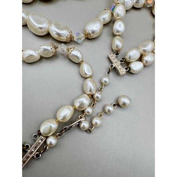 Vintage Japan 3 Strand Faux Pearls Faceted Aurora Borealis Crystal Necklace - Picture 8 of 10